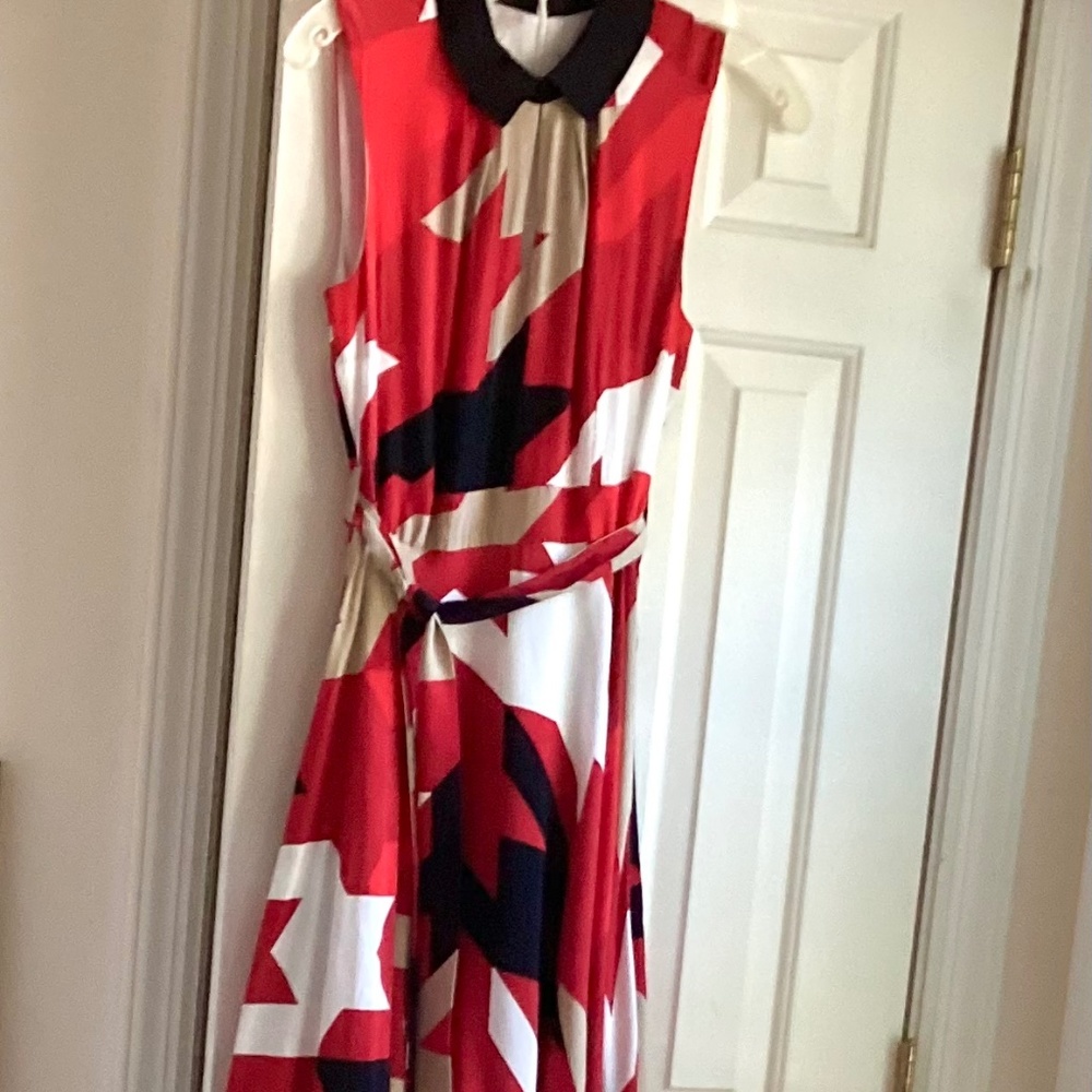 Hobbs London multicolor abstract collar neck sleeveless midi fit and flare dress